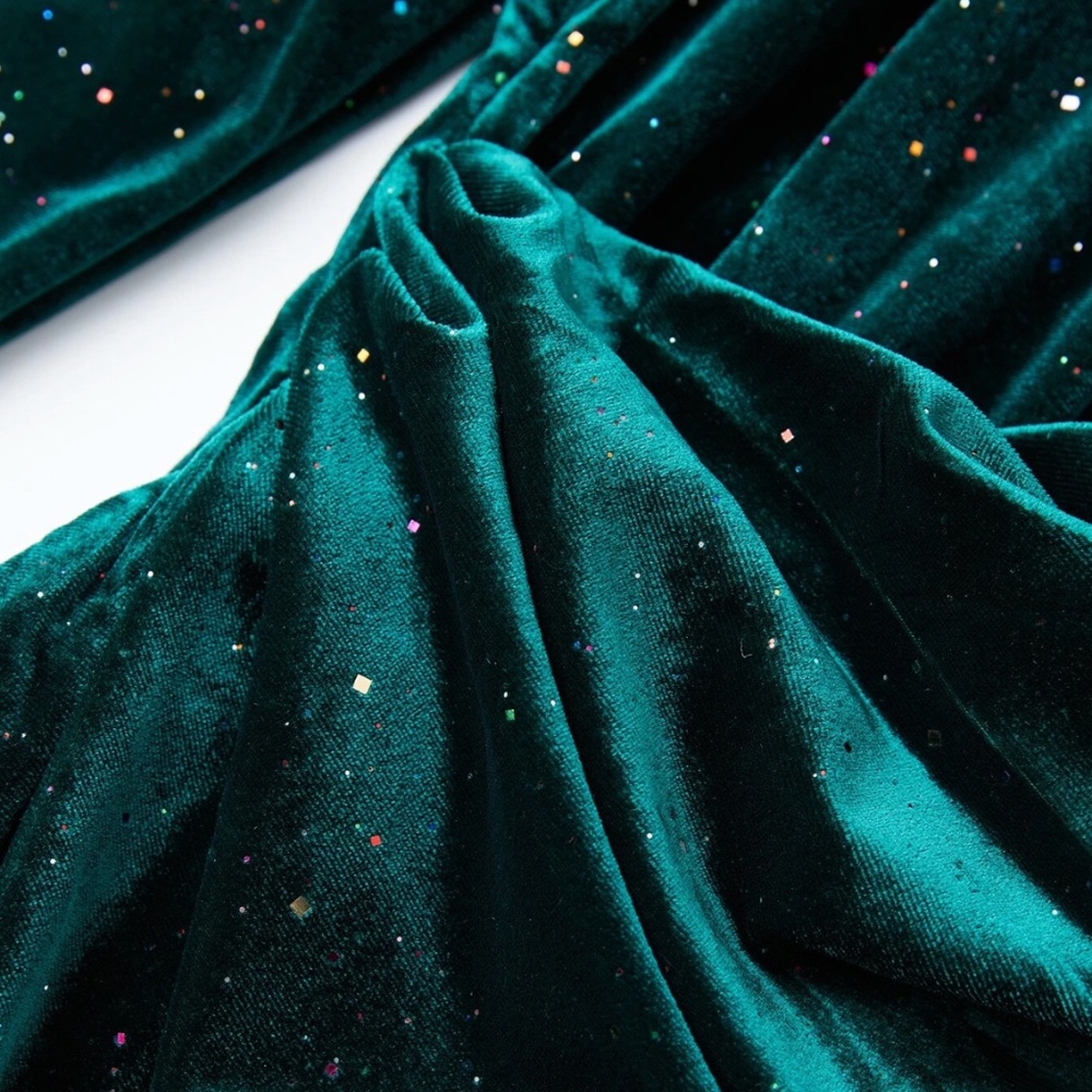 Sparkly Deep Green Velvet Deep V High Slit Midi Dress Long Sleeve - Picture 13 of 14